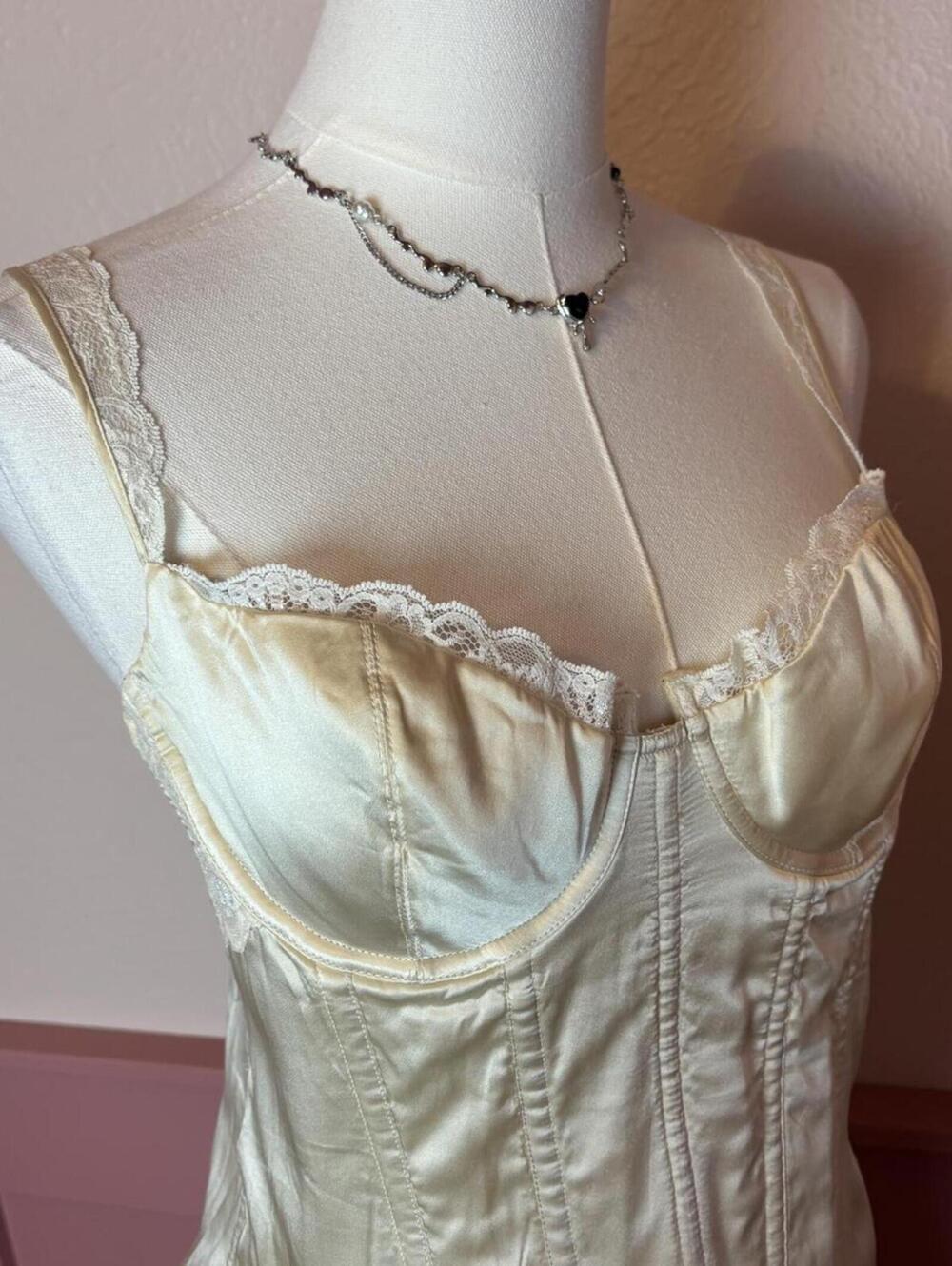 Natori vintage vanity lace silk bustier corset 36b butter yellow fairy victorian - Picture 2 of 8